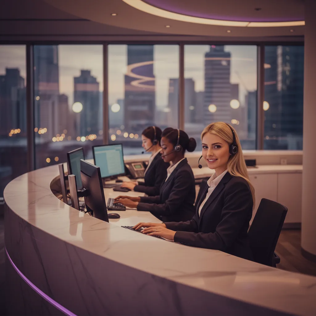 Three AI receptionists answering calls at a modern reception desk