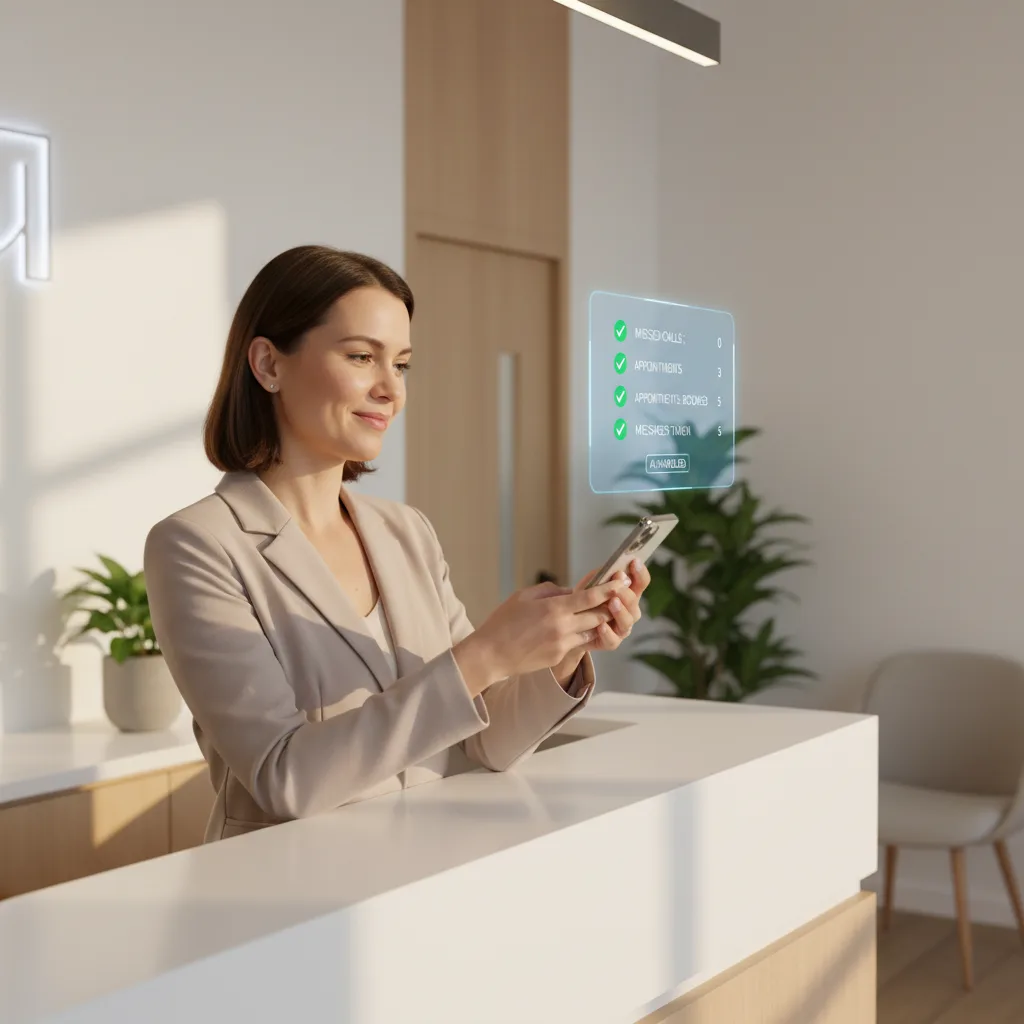Receptionist checking call log on phone